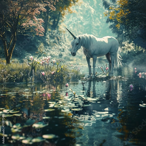 Unicorn standing by a crystal lake in a mystical scene.