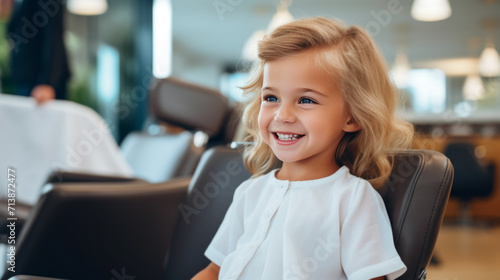 Adorable Toddler Girl Getting her Hair Cute in a Professional Salon.