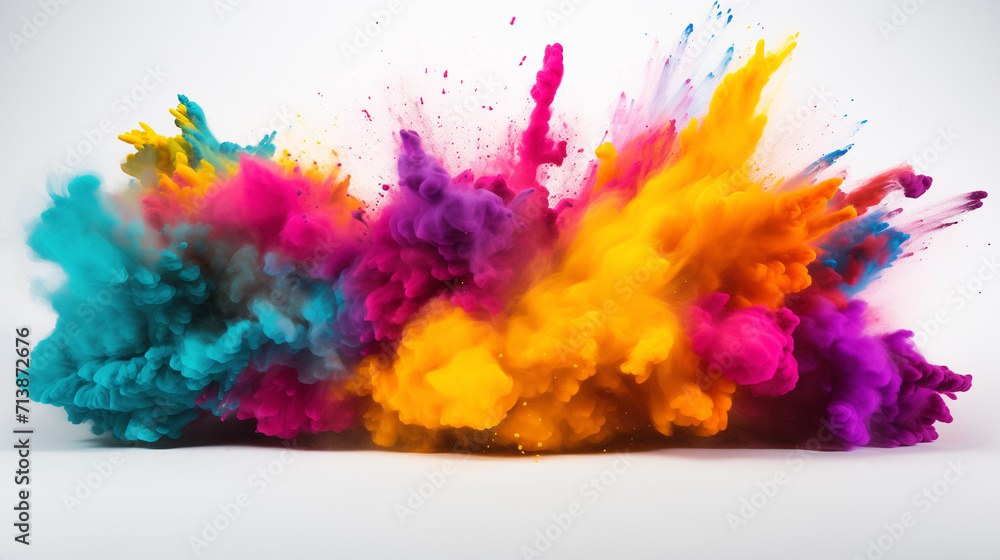 Multicolor powder explosion on White background. Colored cloud. Colorful dust explode. Paint Holi, colorful rainbow holi paint color powder explosion isolated white background, Generative AI