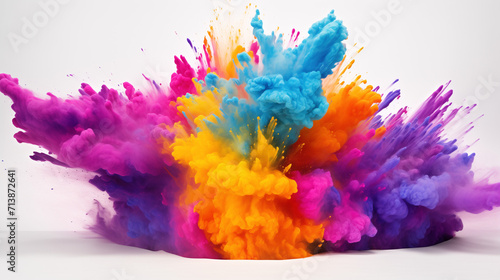 Multicolor powder explosion on White background. Colored cloud. Colorful dust explode. Paint Holi, colorful rainbow holi paint color powder explosion isolated white background, Generative AI