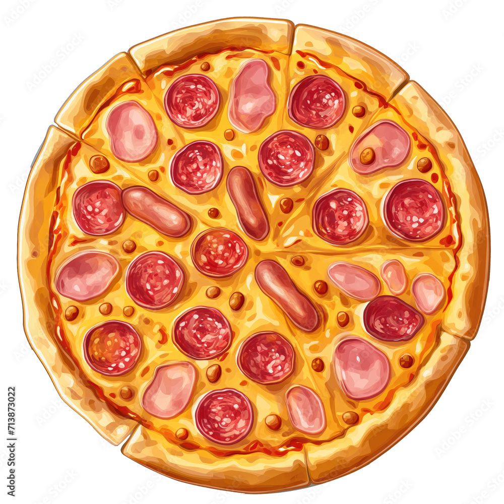 ham and sliced sausage pizza . Clipart PNG image . Transparent