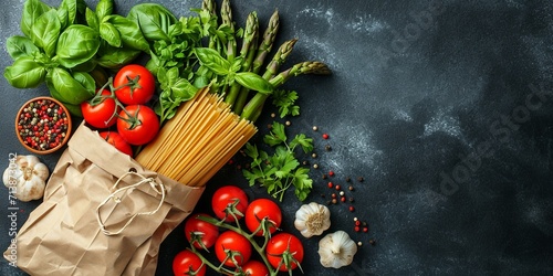 Healthy food background. Healthy food in paper bag vegetables and pasta on dark. Ingredients for cooking pasta with tomato and asparagus. Shopping food supermarket concept. Top view. Copy space