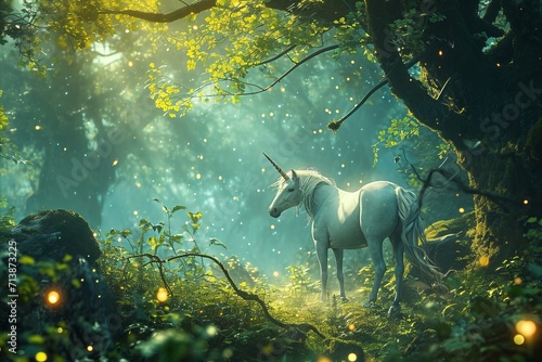A unicorn and sharing a moment of friendship, an otherworldly forest with fairies and glowing orbs, whimsical, capturing the connection between mythical beings.