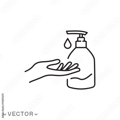 hand wash with alcohol sanitiser, icon, disinfectant antimicrobial gel, dispenser bottle, liquid soap, thin line symbol isolated on white background, editable stroke eps 10 vector illustration