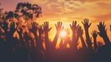 International human rights day concept Human rights concept Silhouette many people raised hands over autumn sunset background
