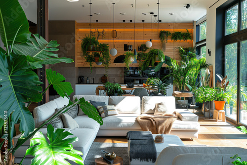 a large modern living room with many plants