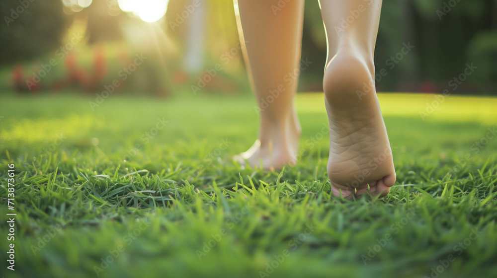 close up of the bare feet of a person walking on the grass, therapy and reduce stress in living and investing and doing business