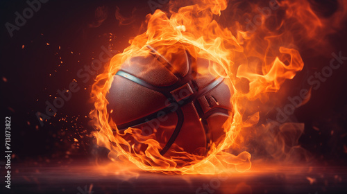 basketball on fire, A burning basketball , basketball on fire, Basketball game concept, blazing basketball on a court 3d rendering, generative Ai © HayyanGFX