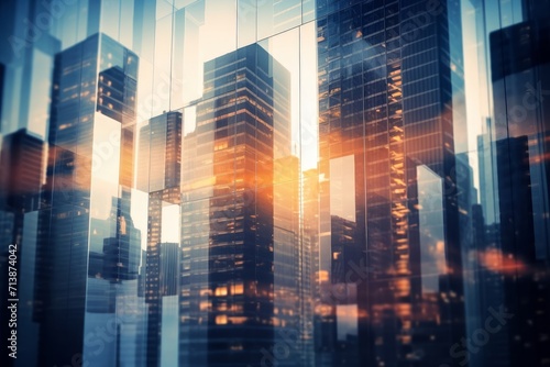 Background of future urban and corporate architecture. Real estate idea with bokeh  motion blur  and a reflection in a glass panel of a skyscraper facade. Generative AI 