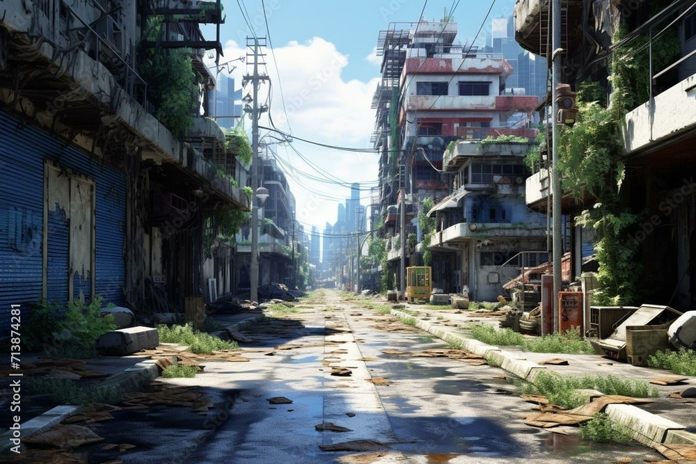 An abandoned street beneath a clear sky. Generative AI