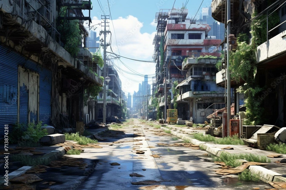 An abandoned street beneath a clear sky. Generative AI An abandoned street beneath a clear sky. Generative AI