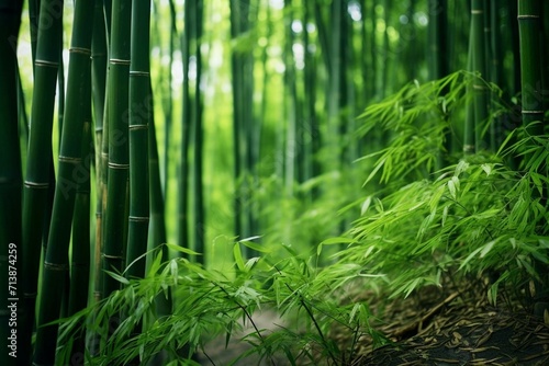 Closeup of dense bamboo forest with tall trunks and lush green leaves. Generative AI