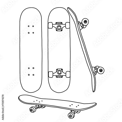 Technical sketch drawing of one single line drawing of old retro skateboard line art. line drawing of Attributes of skateboarding vector illustration, various view isolated with white background.