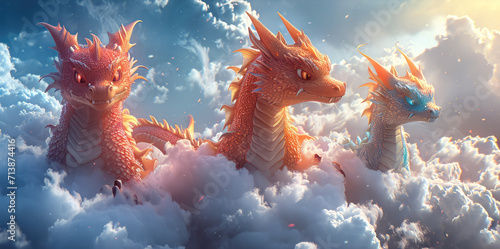 A colorful group of dragons on the clouds. Generative AI.