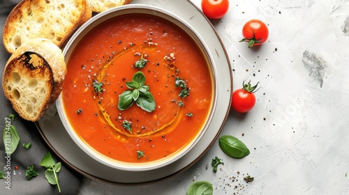 Bowl of tasty tomato soup and bread on light background, Top view. Generative AI.