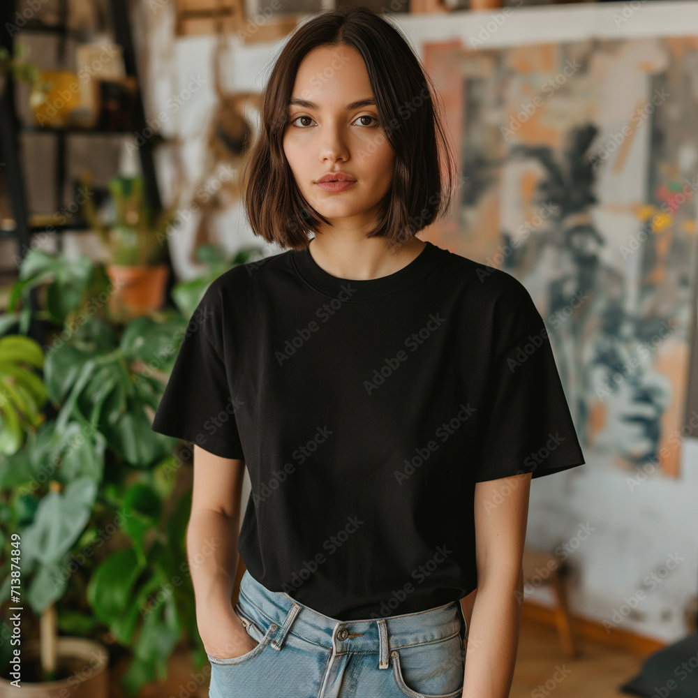 Black T-shirt Mockup, Woman, Girl, Female, Model, Wearing a Black Tee Shirt and Blue Jeans, Oversized Blank Shirt Template, Standing in a Room with Plants, Close-up View