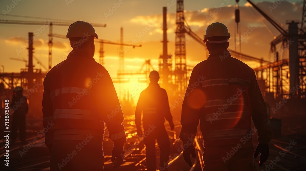 Silhouette workers working at construction site, Reviewing plans to work on high ground heavy industry, Architecture engineering at workplace.. Generative AI.