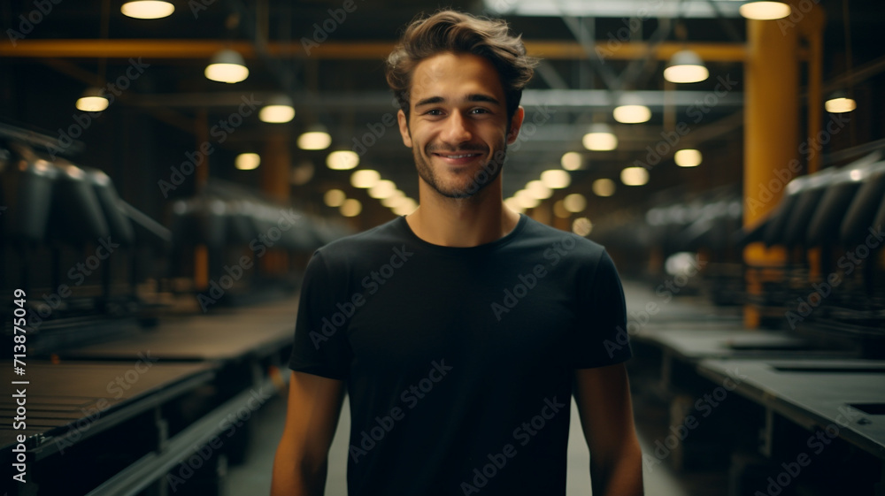 Business owner in black t-shirt standing in industrial plant Business owner in black t-shirt standing in industrial plant