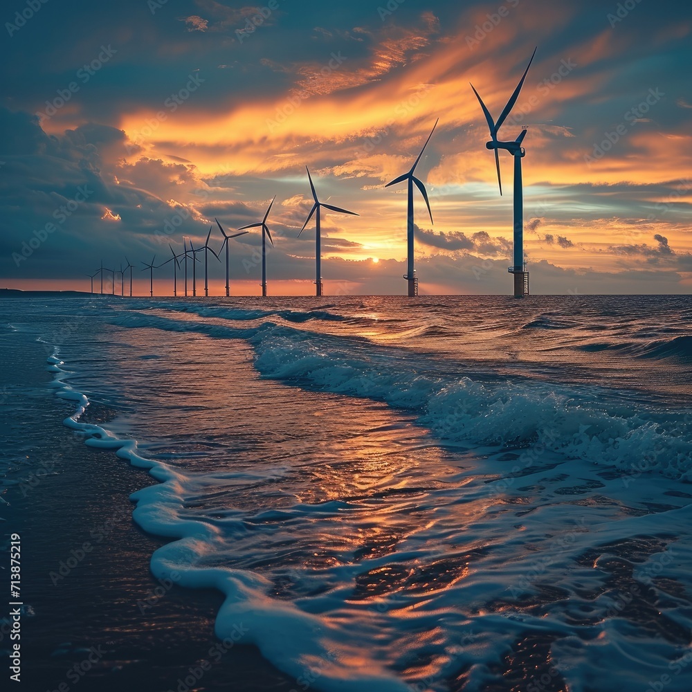 An offshore wind farm with turbines in the ocean, Gentle waves at the ...