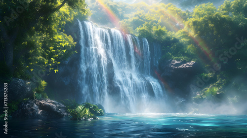 Rainbow-Misted Waterfall in Tropical Paradise