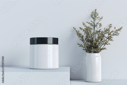 White cosmetic jar without label and a vase with dried flowers on a white table. mock up 