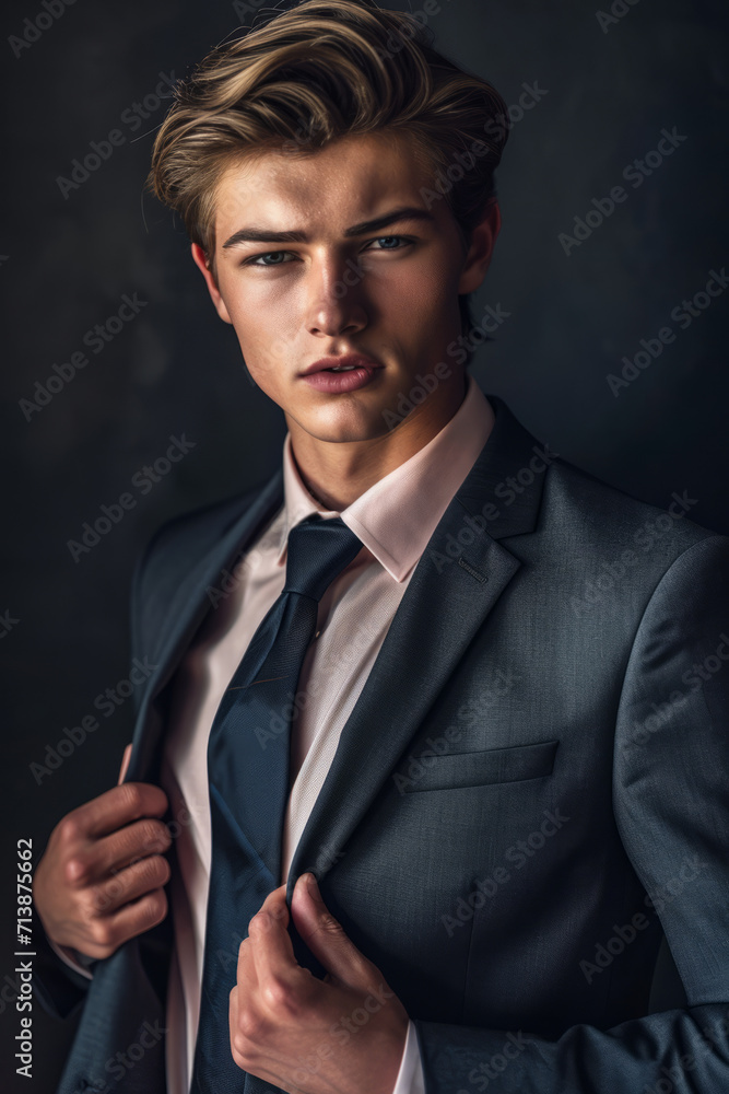 Obraz premium Portrait of a young and handsome caucasian male star in a suit