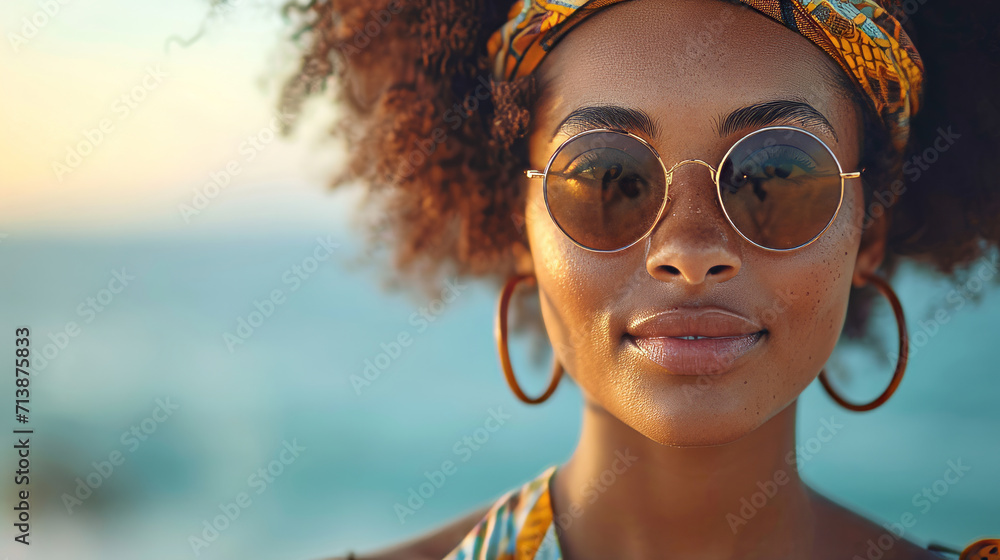 Portrait of female african american with fashion sunglasses and orange ethnic headband at beach on summer day - obrazy, fototapety, plakaty 