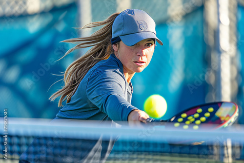 Young woman playing pickleball at the pickleball court