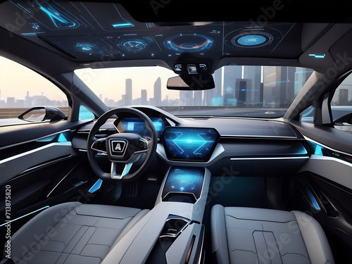 autonomous futuristic car dashboard concept with HUD hologram screens and an infotainment system as a wide banner design. © Mahmud