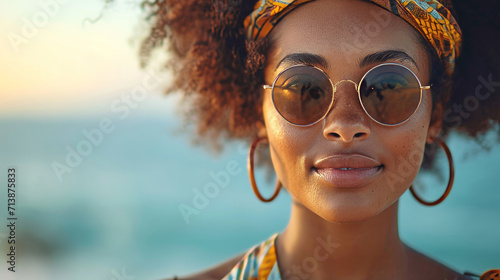 Portrait of female african american with fashion sunglasses and orange ethnic headband at beach on summer day photo