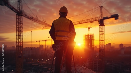 Silhouette engineer working at construction site, Reviewing plans to work on high ground heavy industry, Architecture engineering at workplace.. Generative AI.
