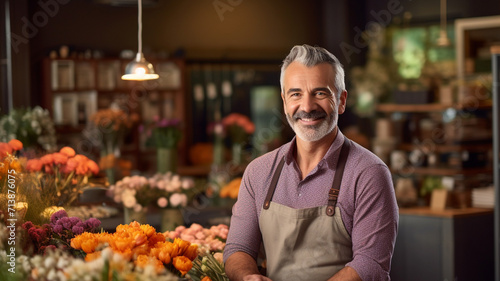 Happy middle aged male florist standing in his flower shop