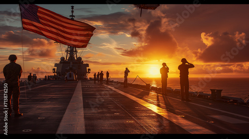 American soldiers pay their respects to fallen soldiers in front of the USA flag on Memorial Day or other events.