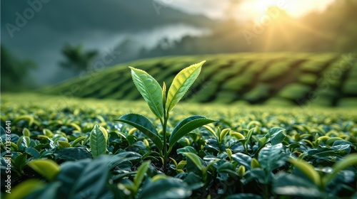 A sprout with green tea leaves rises higher than other tea bushes at the valley in the morning light. Generative AI. photo