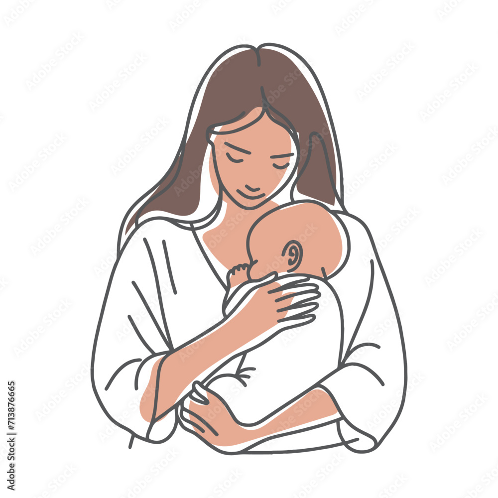 Mom tenderly holds a newborn baby in her arms. Parental love, motherhood, and care. Simple outline vector illustration, line art. Breast-feeding Mom tenderly holds a newborn baby in her arms. Parental love, motherhood, and care. Simple outline vector illustration, line art. Breast-feeding