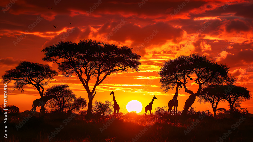 Silhouetted Acacia Trees and Wildlife at Sunset