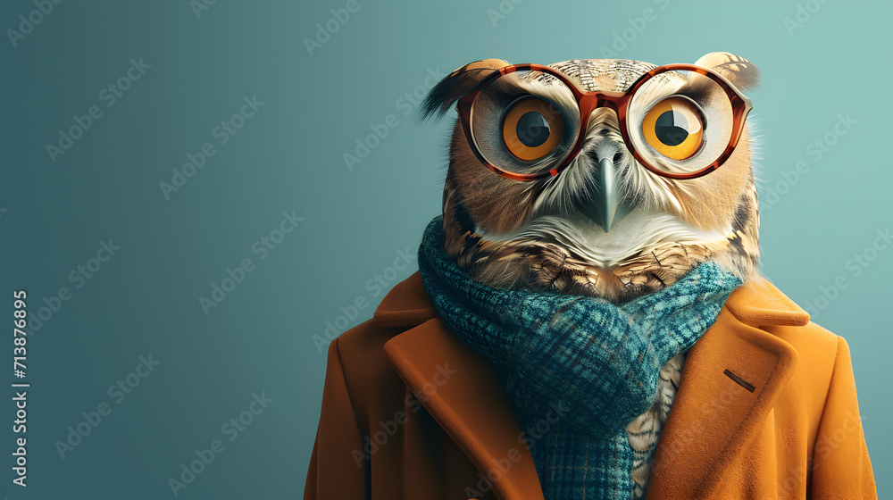 Fototapeta premium Smart Owl Wearing Glasses and Coat