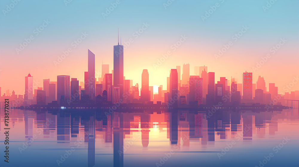 City Skyline Reflection in Water - Urban Landscape Illustration