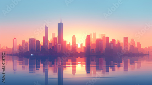City Skyline Reflection in Water - Urban Landscape Illustration