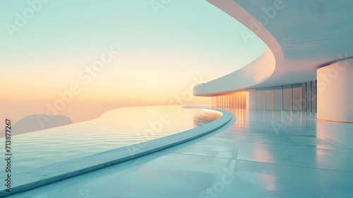 Modern House and Swimming Pool at Sunset © vanilnilnilla
