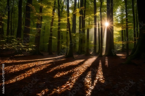 Sun rays shining from the tall trees in the forest