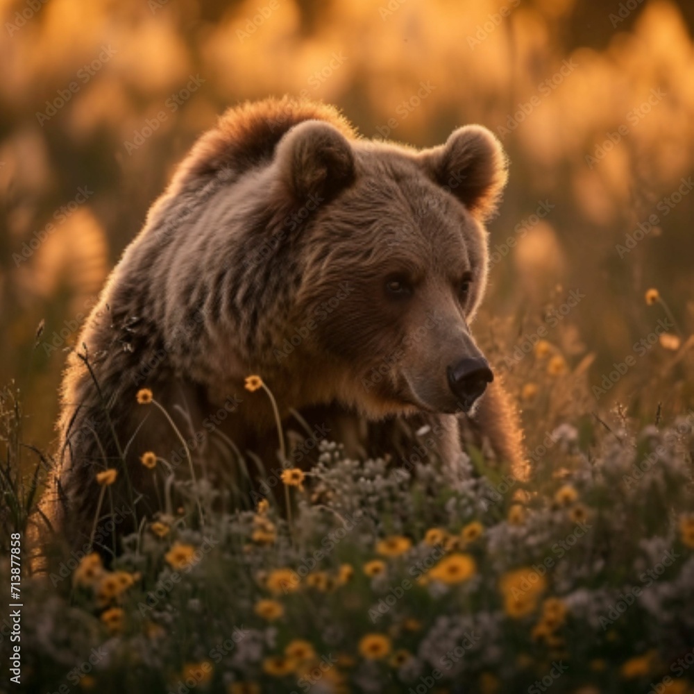 Wild animals in the wild. A large, brown bear in a flower meadow. Wild animals in the wild. A large, brown bear in a flower meadow.
