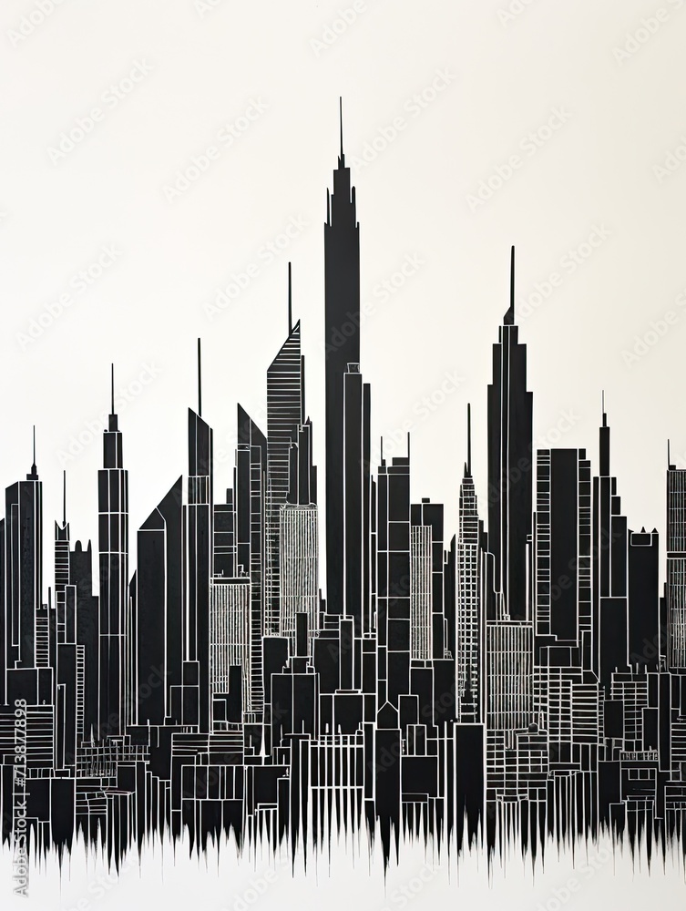 Handmade City Horizon Drawings Wall Art: Silhouettes of Towering Structures
