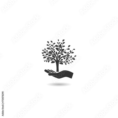 Save forest sign icon. Hand holds tree icon with shadow