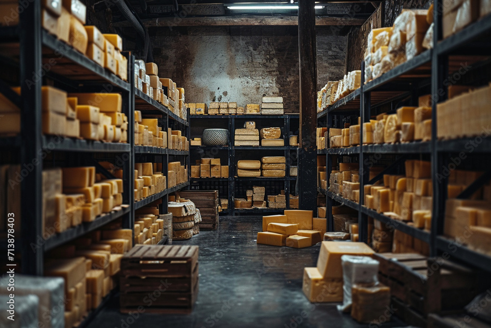 Step into an AI-crafted scene of a meticulously organized dark stockroom, where neatly arranged cheese stocks evoke the essence of a well-structured and efficient storage space for dairy products. Step into an AI-crafted scene of a meticulously organized dark stockroom, where neatly arranged cheese stocks evoke the essence of a well-structured and efficient storage space for dairy products.