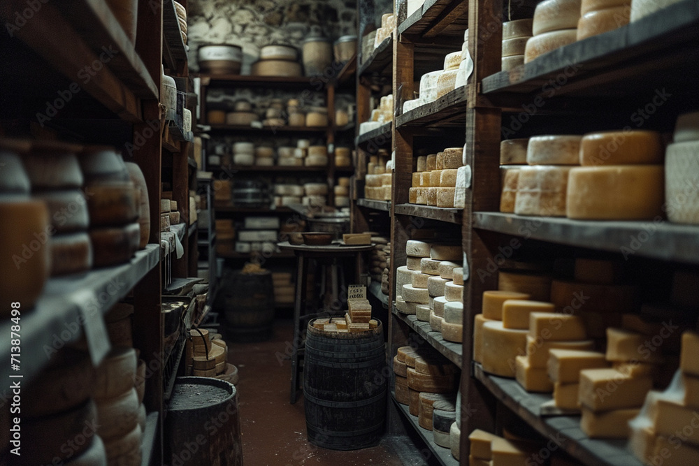 Step into an AI-crafted scene of a meticulously organized dark stockroom, where neatly arranged cheese stocks evoke the essence of a well-structured and efficient storage space for dairy products.