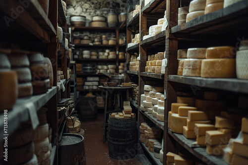 Step into an AI-crafted scene of a meticulously organized dark stockroom, where neatly arranged cheese stocks evoke the essence of a well-structured and efficient storage space for dairy products.