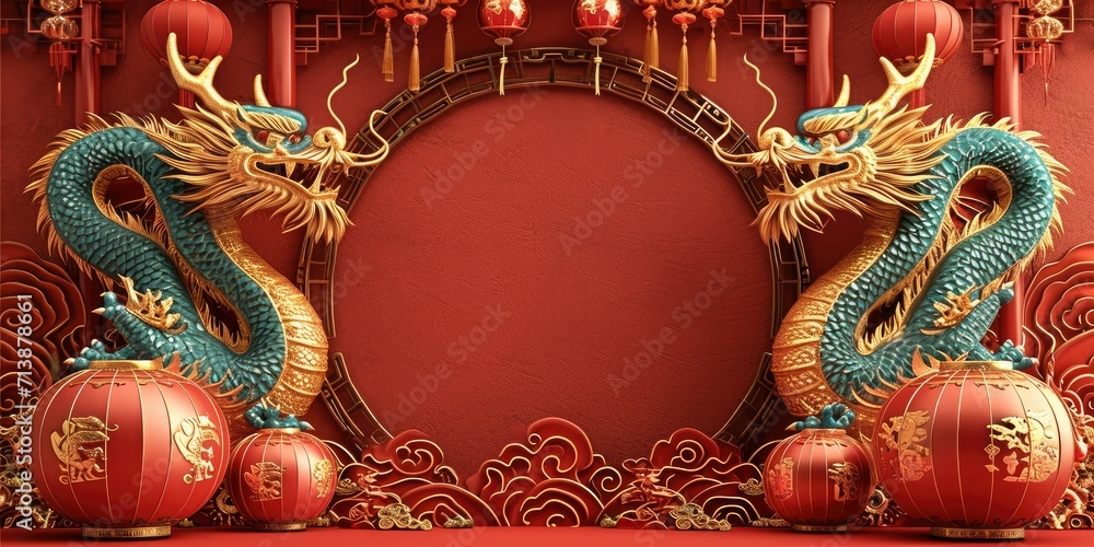 Obraz premium A dragon, Spring festival poster, Red and gold, Left and right symmetrical lantern, Chinese new year concept, 3d. Generative AI.