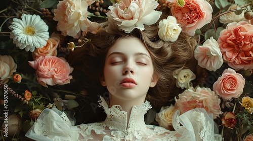 a woman with her eyes closed laying in a flower filled