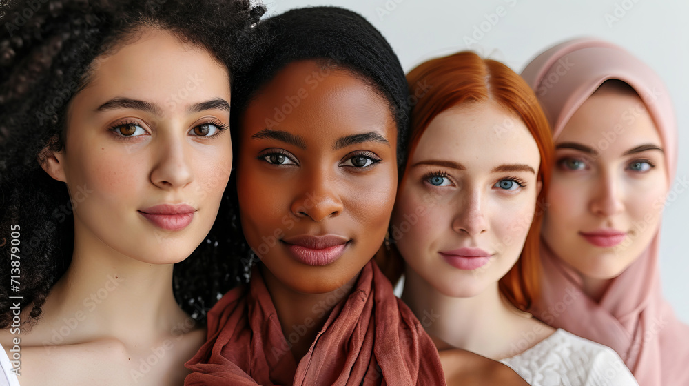 A close-up of diverse and beautiful women, representing the unity of different ethnicities, the photo is AI Generative.